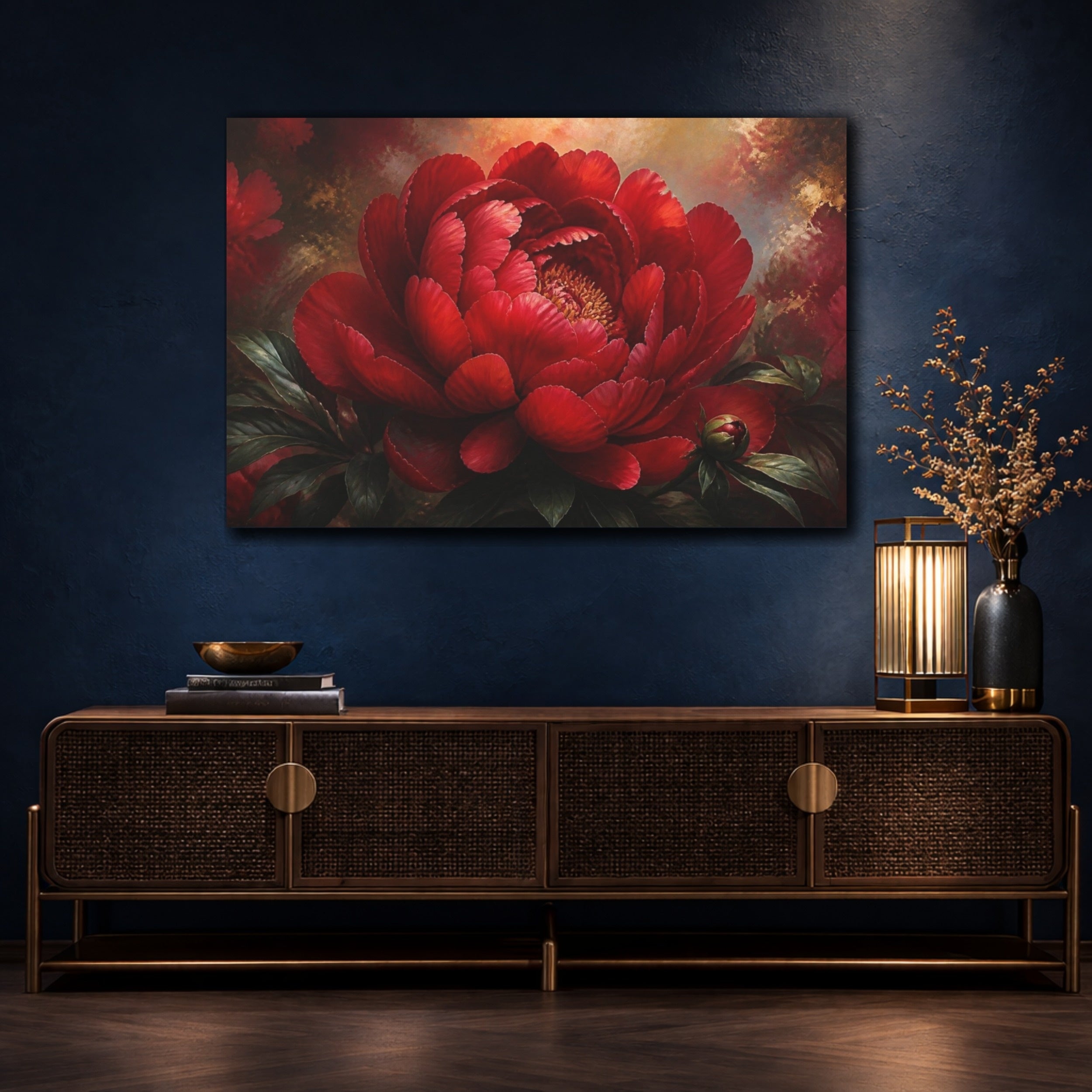 Mockup 4. Dramatic Red Peony Flower shown as canvas print