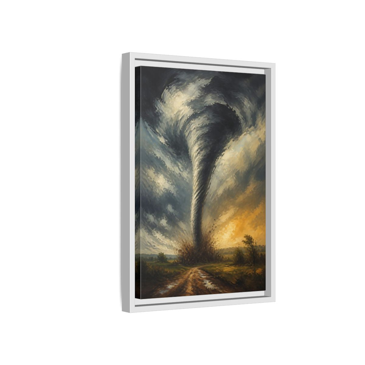 Side Mockup 4. Dramatic Tornado At Sunset shown as framed canvas print