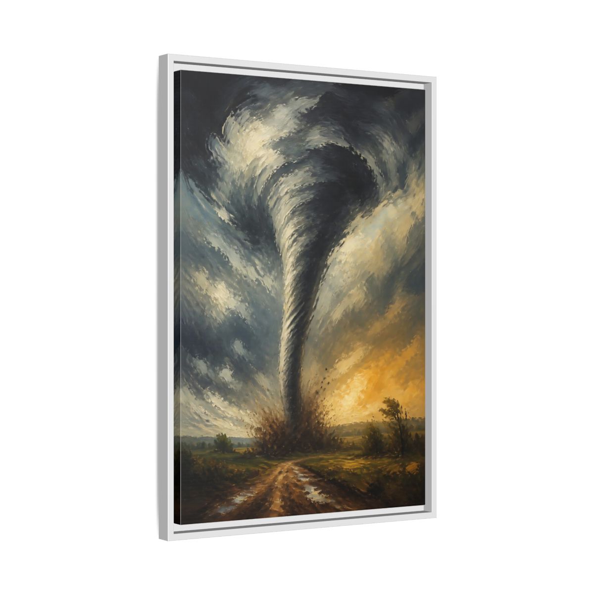 Side Mockup 10. Dramatic Tornado At Sunset shown as framed canvas print