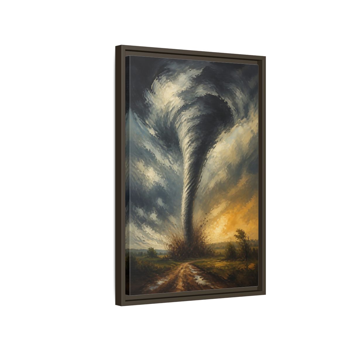 Side Mockup 2. Dramatic Tornado At Sunset shown as framed canvas print