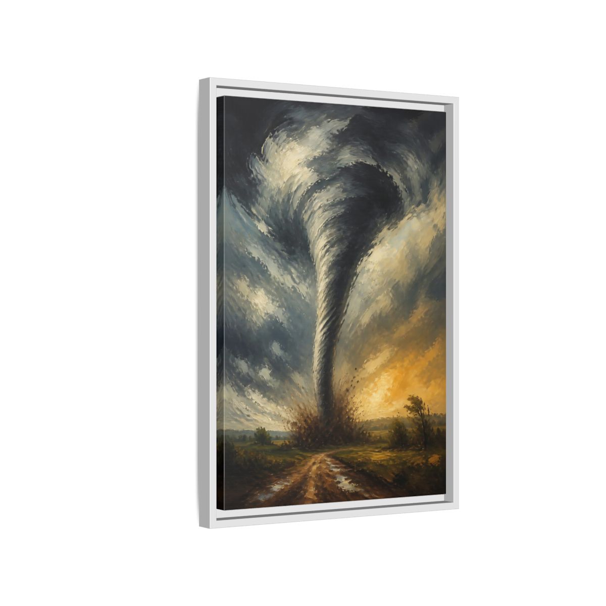 Side Mockup 1. Dramatic Tornado At Sunset shown as framed canvas print