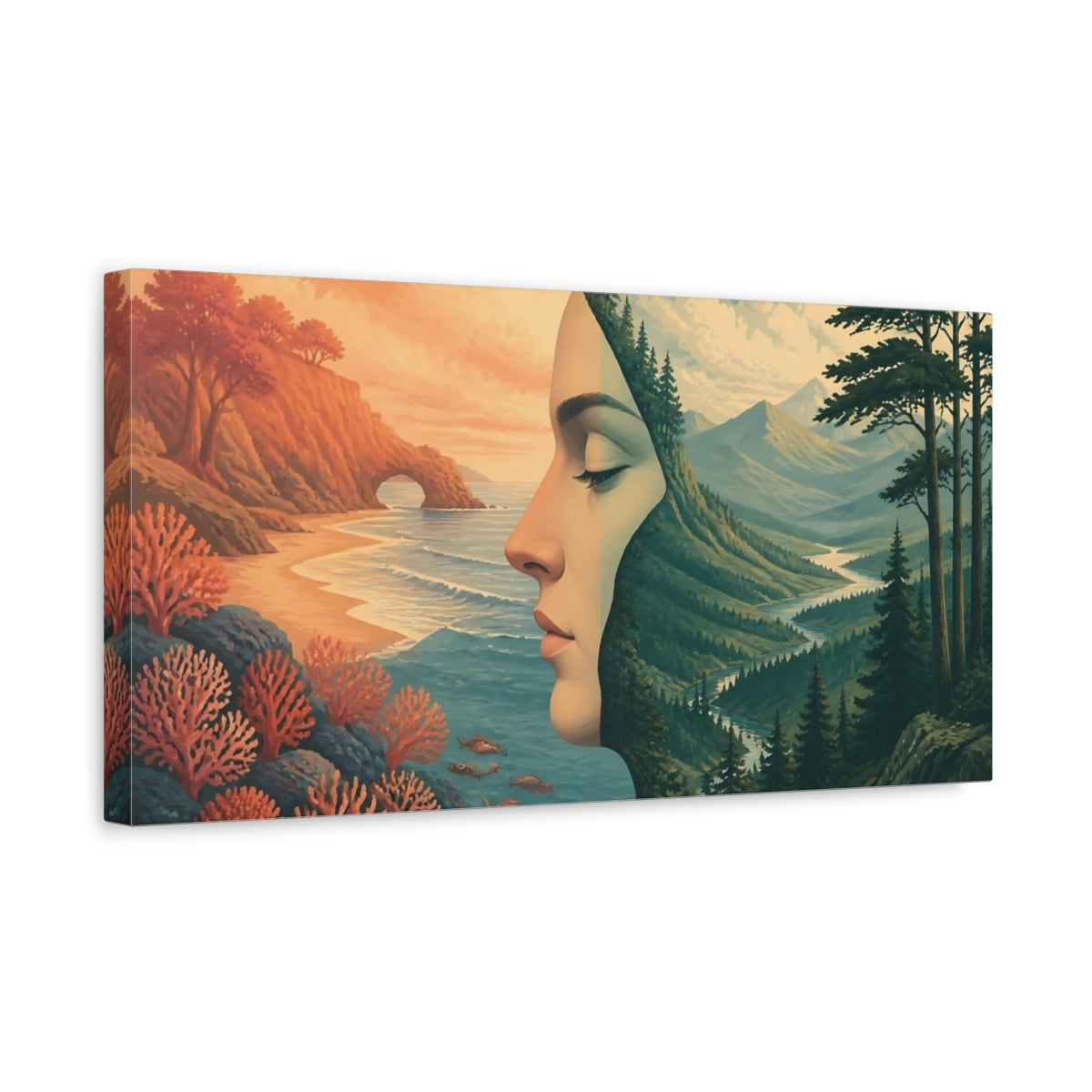 Side Mockup 3. Dreaming Female Profile shown as canvas print
