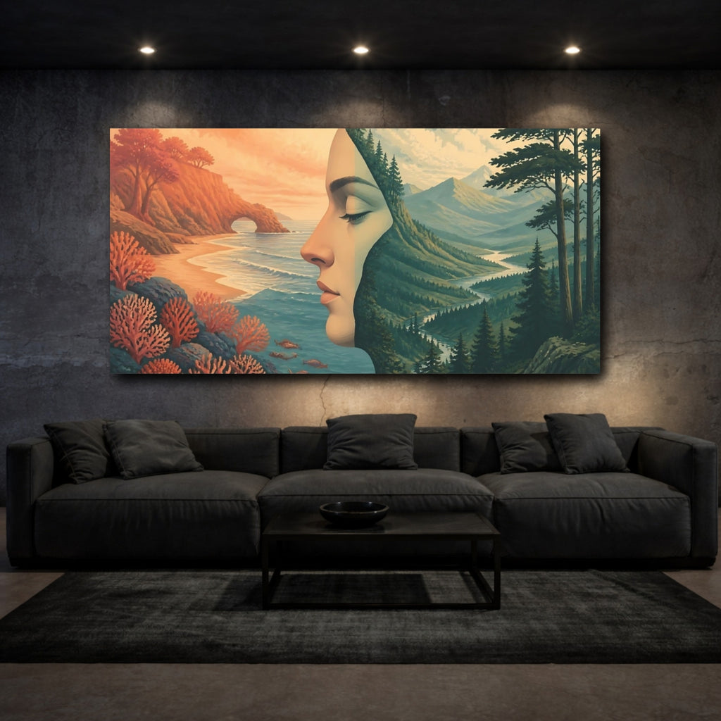 Mockup 3. Dreaming Female Profile shown as canvas print