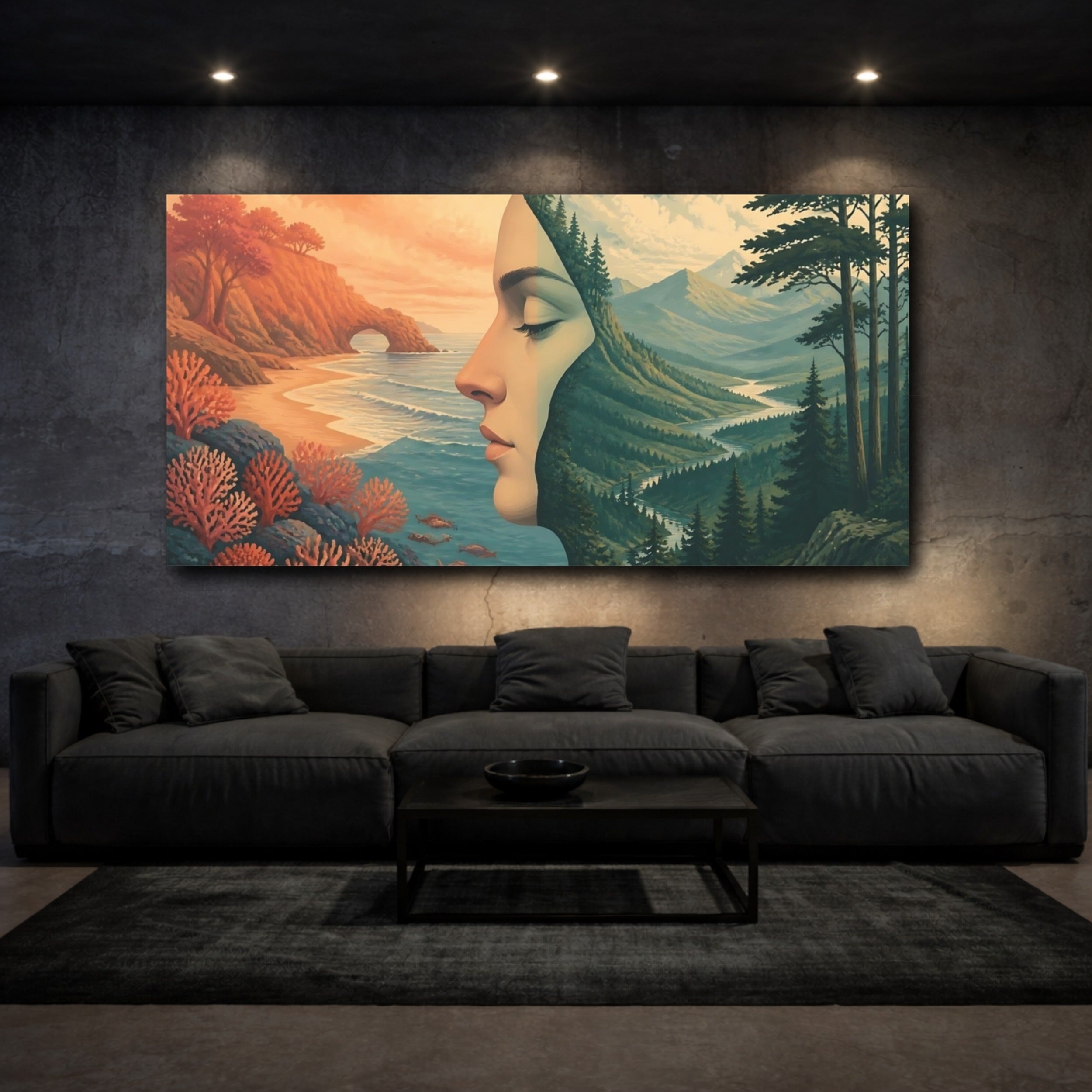 Mockup 3. Dreaming Female Profile shown as canvas print