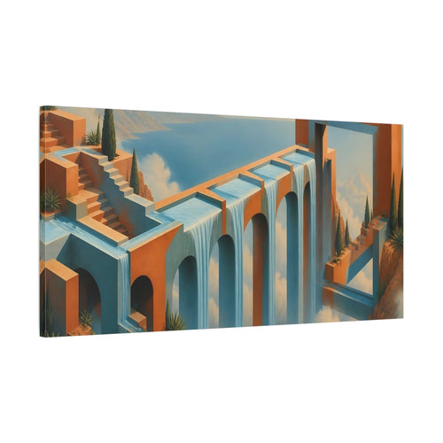 Main Mockup. Dreamy Aqueduct Waterfall shown as canvas print