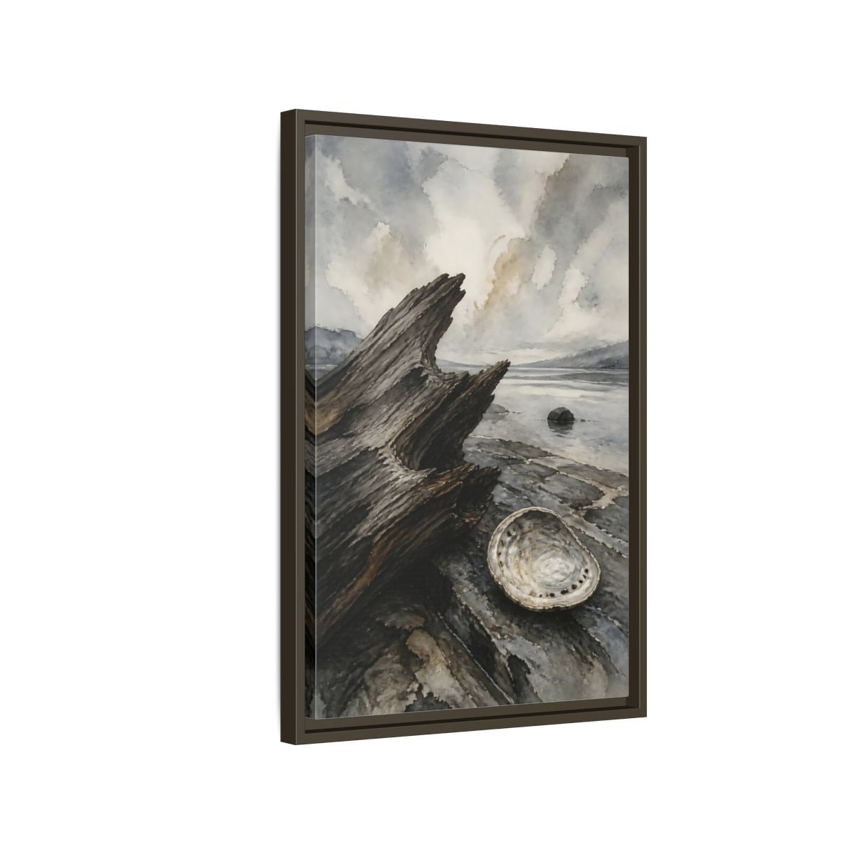 Side Mockup 2. Driftwood And Abalone Shell shown as framed canvas print