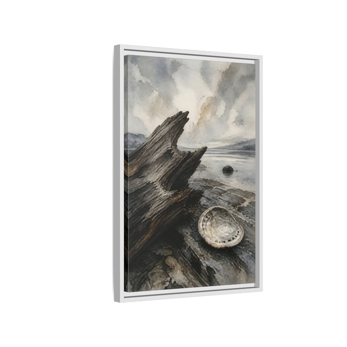 Side Mockup 1. Driftwood And Abalone Shell shown as framed canvas print