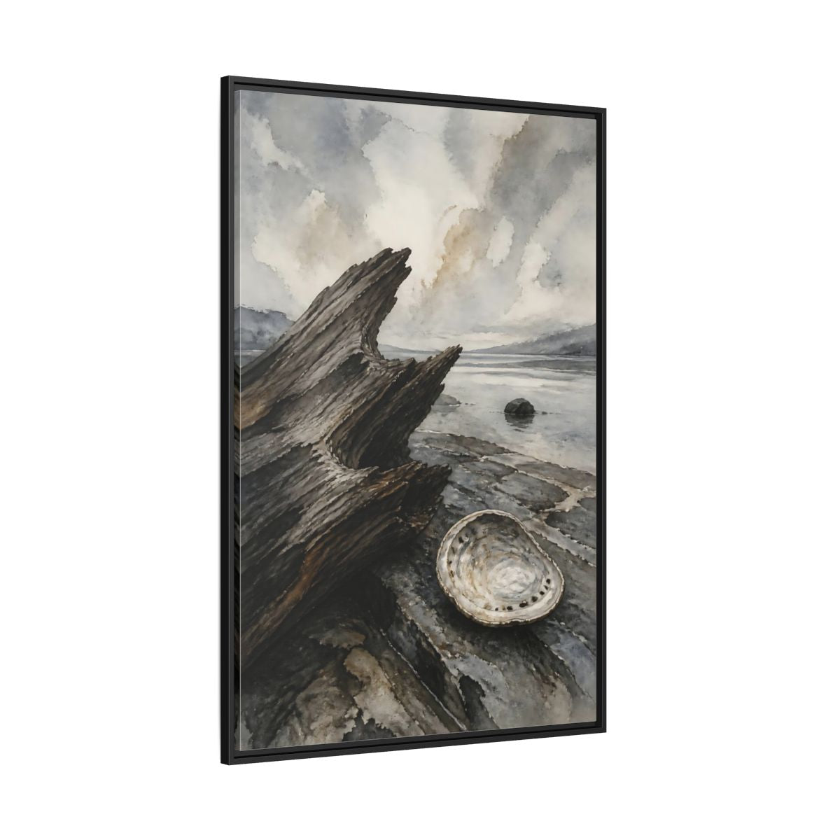 Side Mockup 12. Driftwood And Abalone Shell shown as framed canvas print