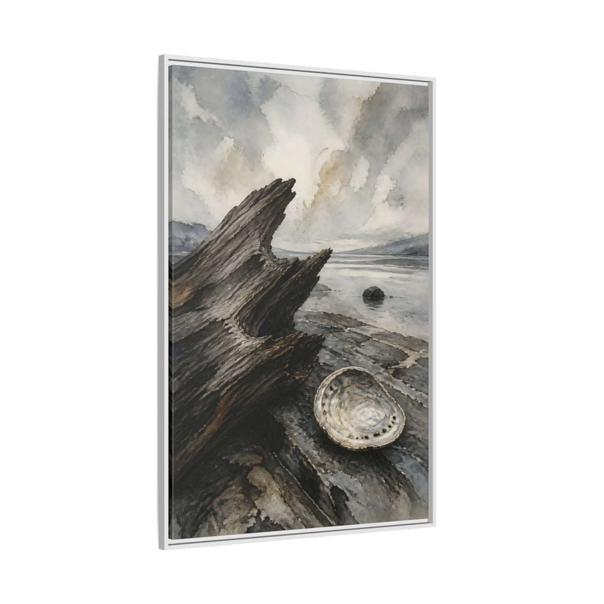 Side Mockup 7. Driftwood And Abalone Shell shown as framed canvas print