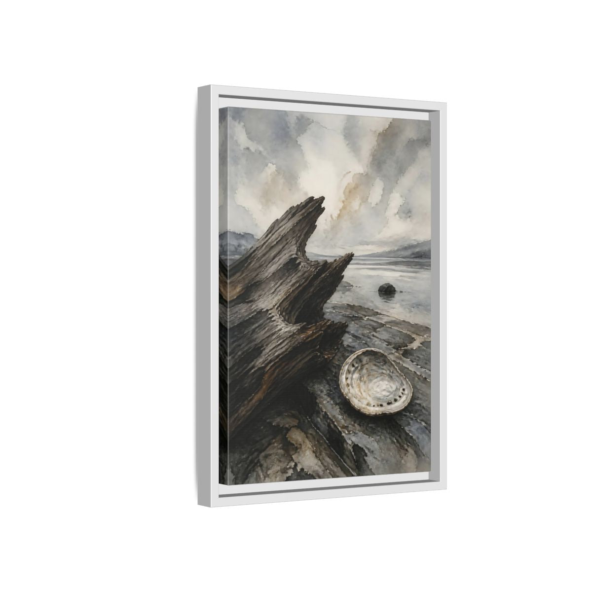 Side Mockup 4. Driftwood And Abalone Shell shown as framed canvas print