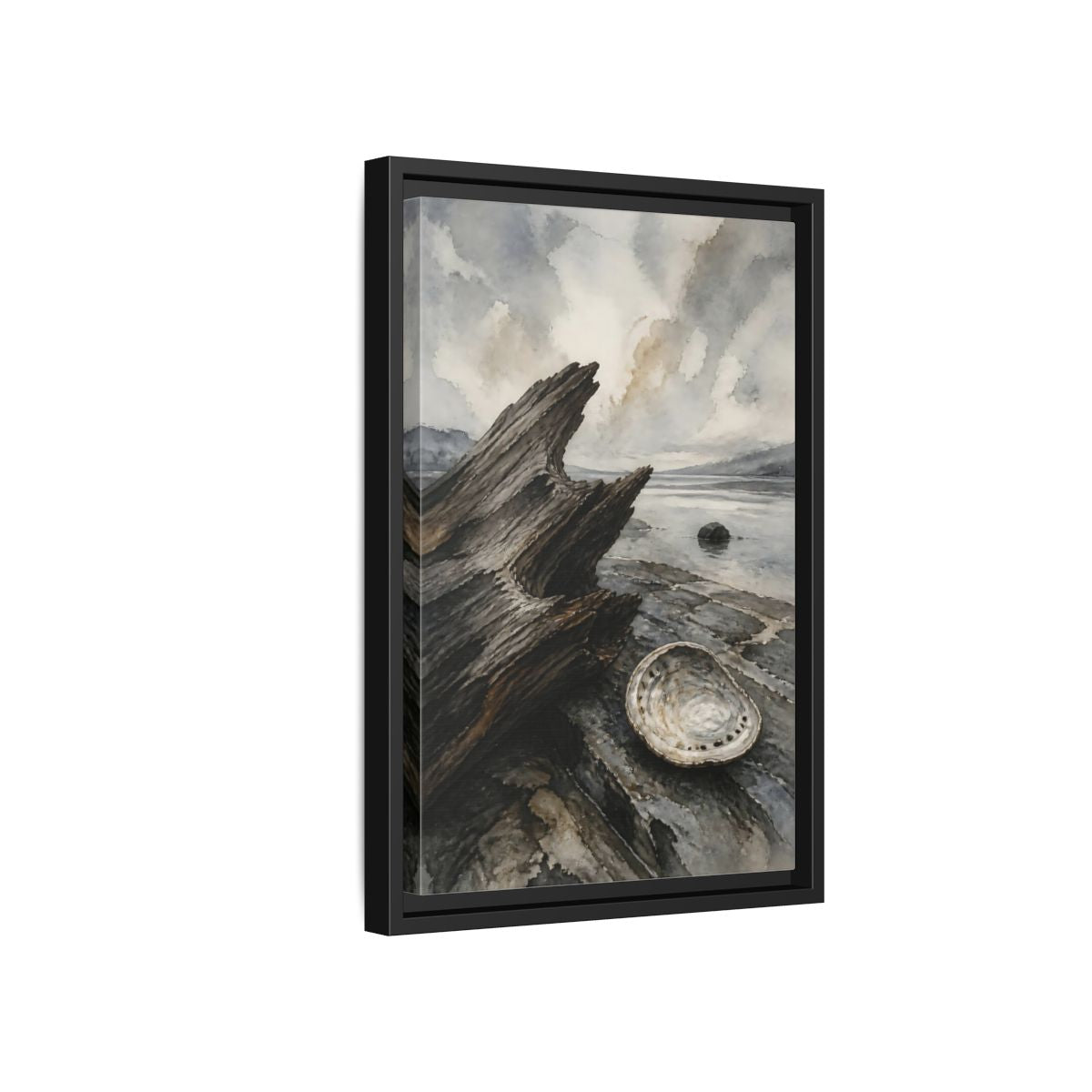 Side Mockup 6. Driftwood And Abalone Shell shown as framed canvas print