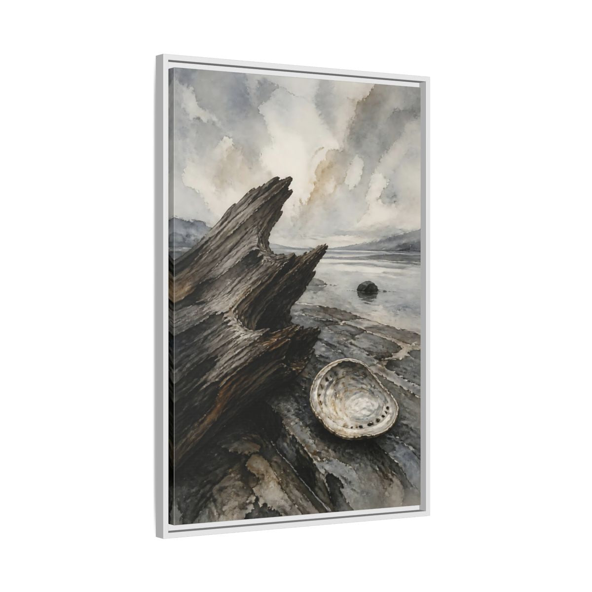 Side Mockup 9. Driftwood And Abalone Shell shown as framed canvas print