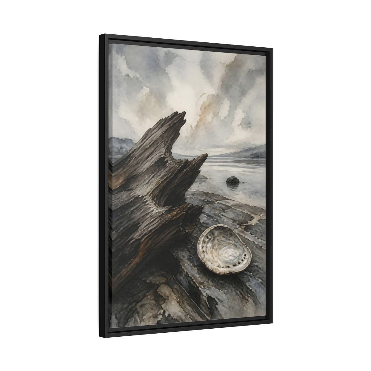 Side Mockup 14. Driftwood And Abalone Shell shown as framed canvas print