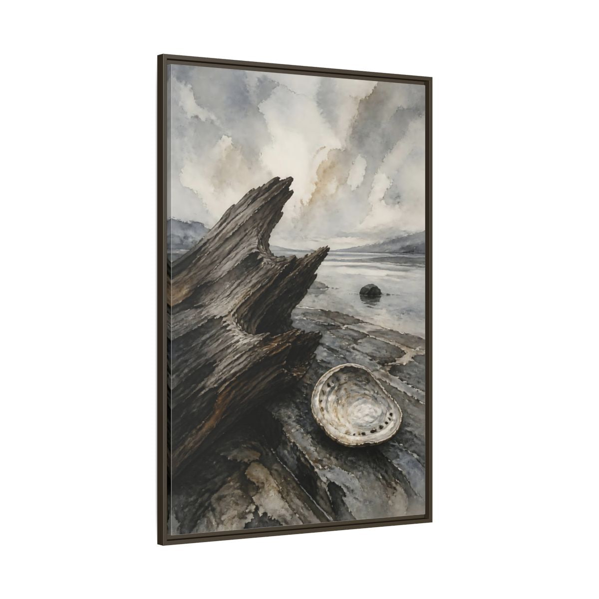 Side Mockup 8. Driftwood And Abalone Shell shown as framed canvas print