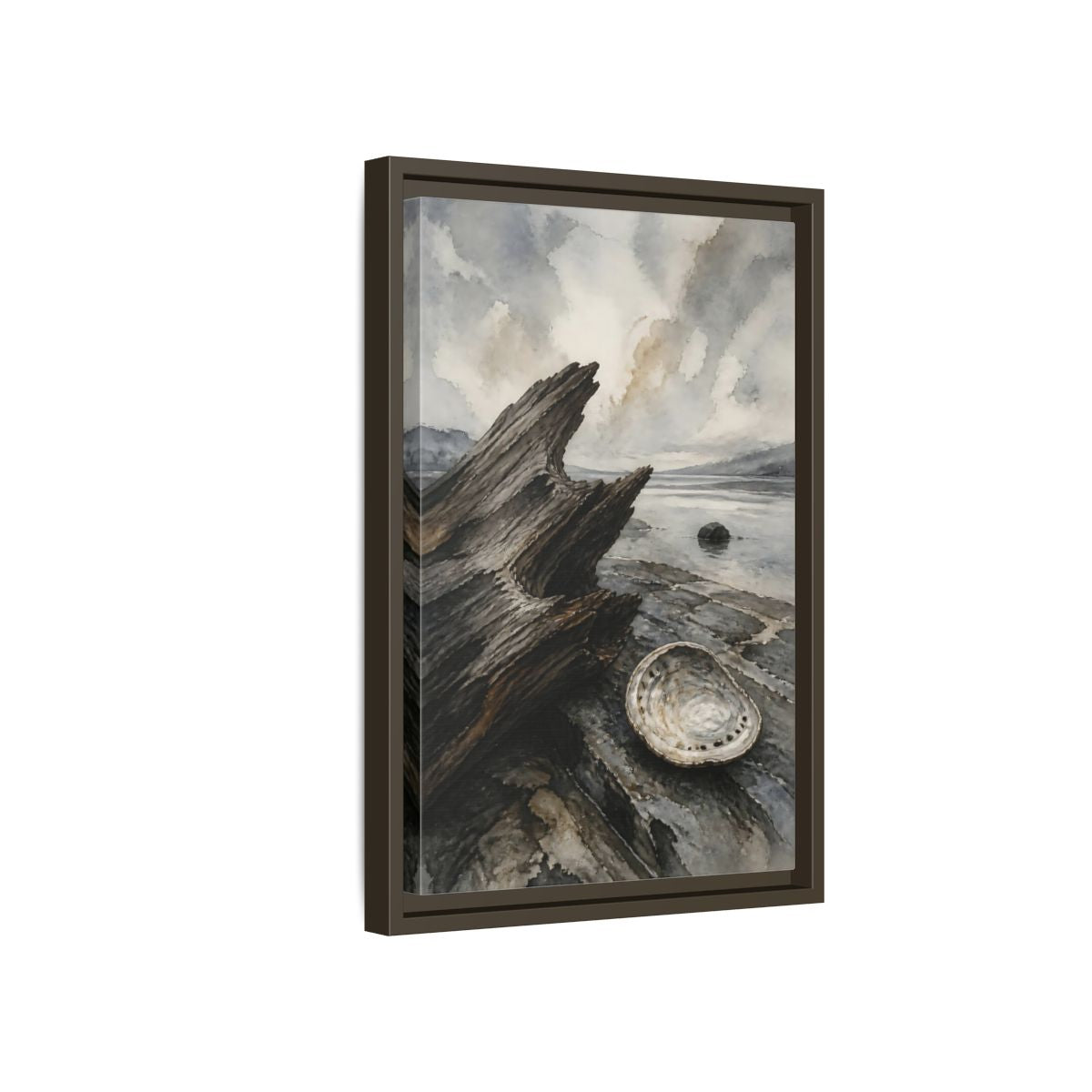 Side Mockup 5. Driftwood And Abalone Shell shown as framed canvas print
