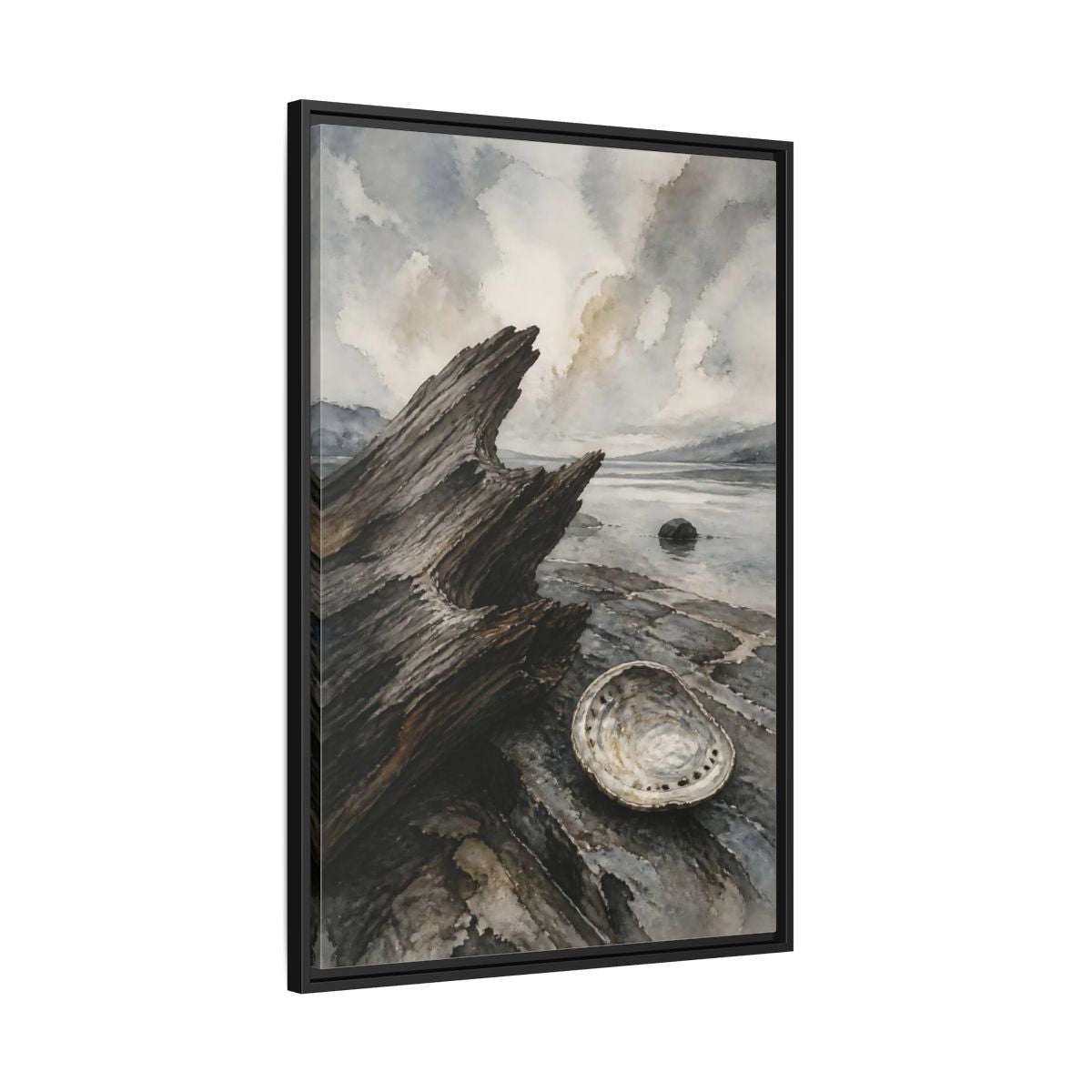Side Mockup 13. Driftwood And Abalone Shell shown as framed canvas print