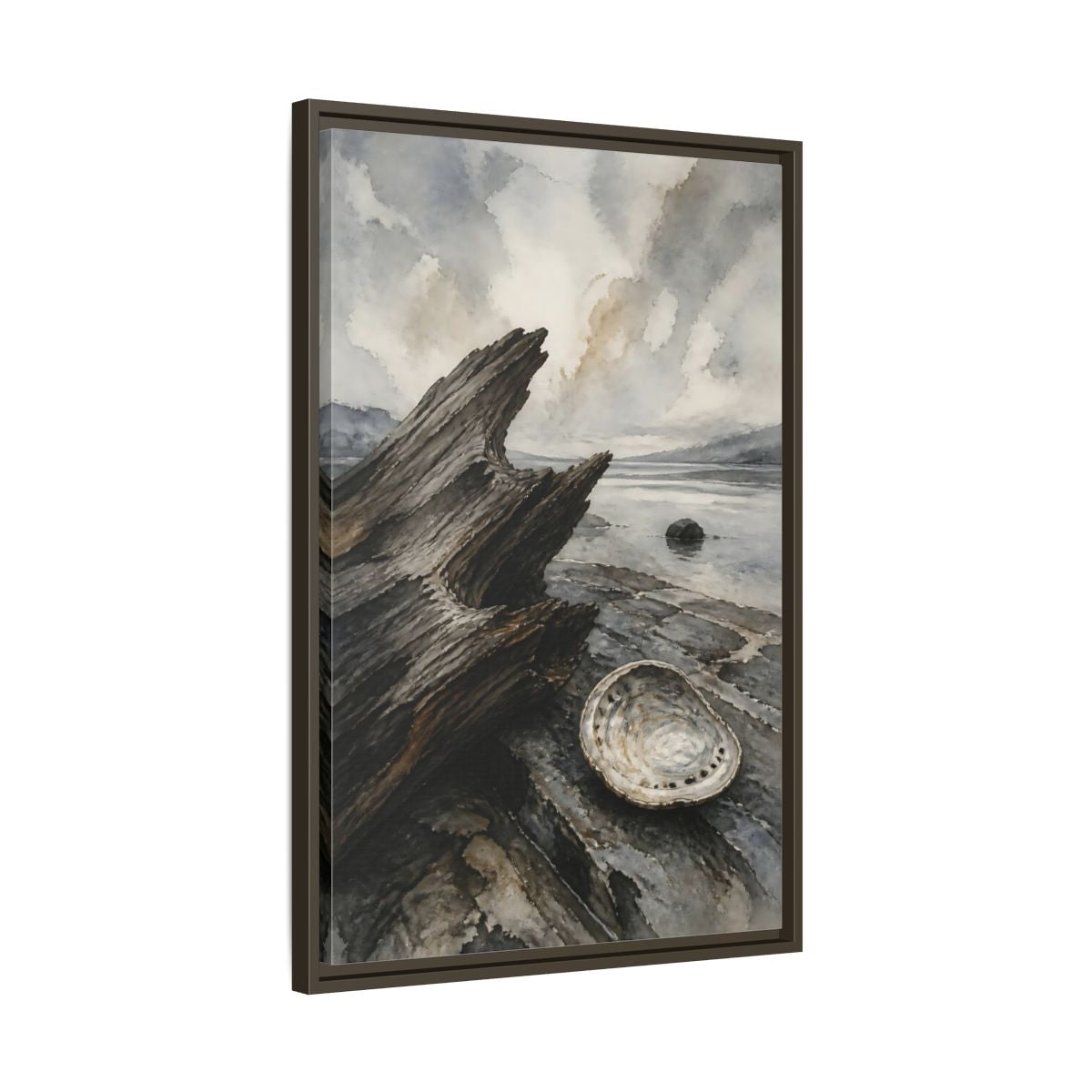 Side Mockup 11. Driftwood And Abalone Shell shown as framed canvas print
