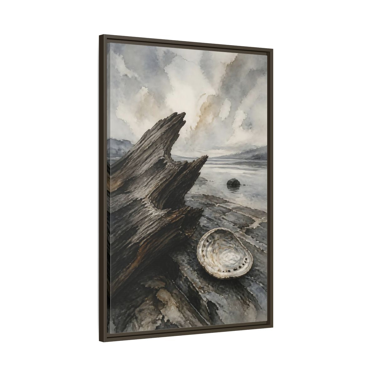 Main Mockup. Driftwood And Abalone Shell shown as framed canvas print