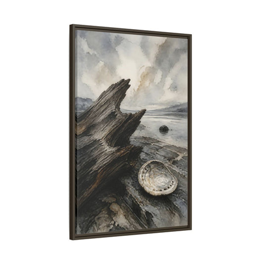 Main Mockup. Driftwood And Abalone Shell shown as framed canvas print