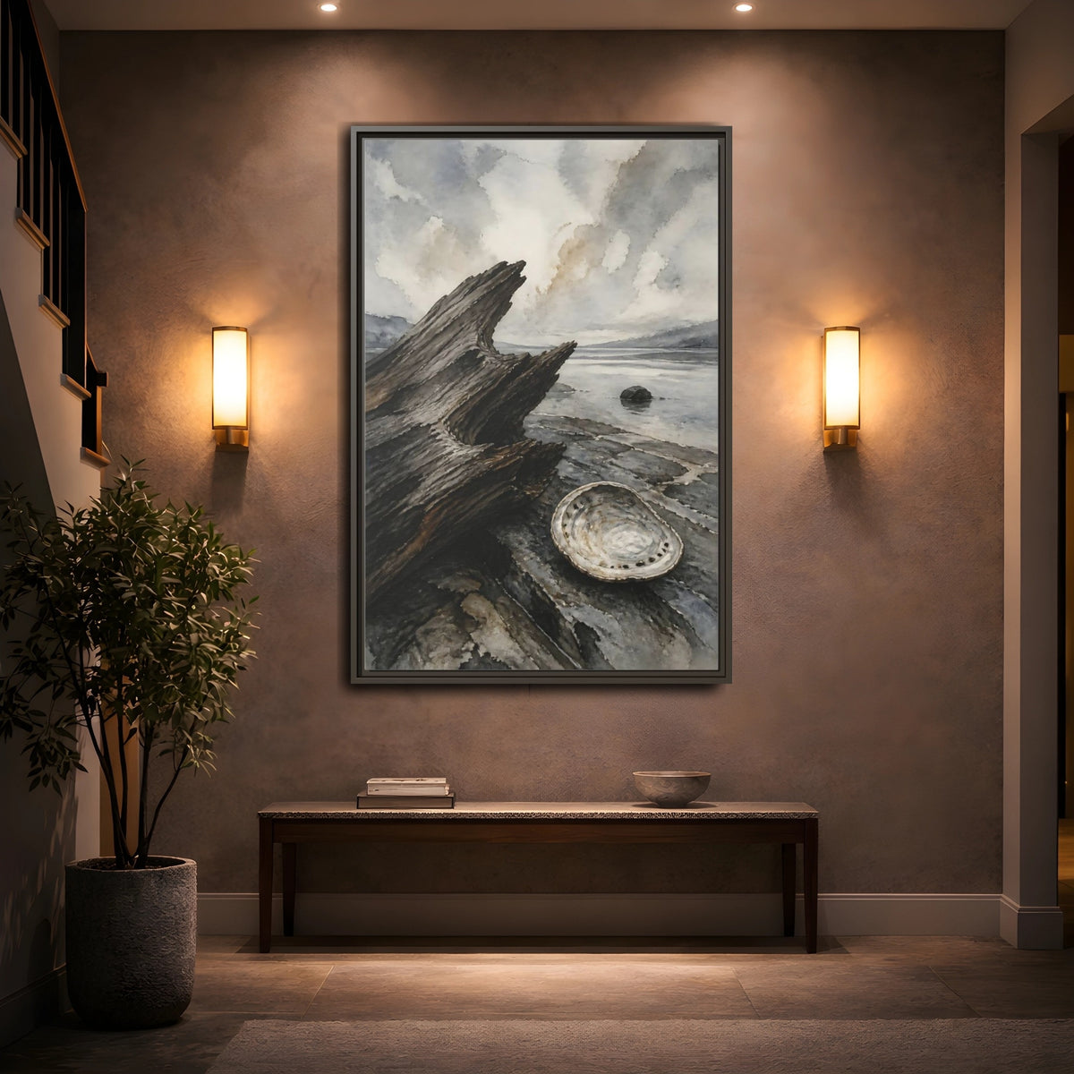 Mockup 2. Driftwood And Abalone Shell shown as framed canvas print