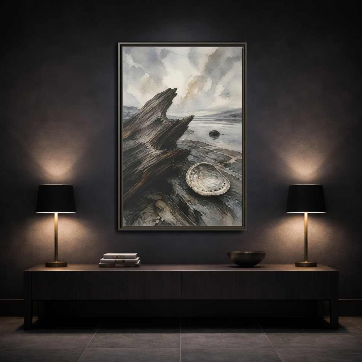 Mockup 3. Driftwood And Abalone Shell shown as framed canvas print