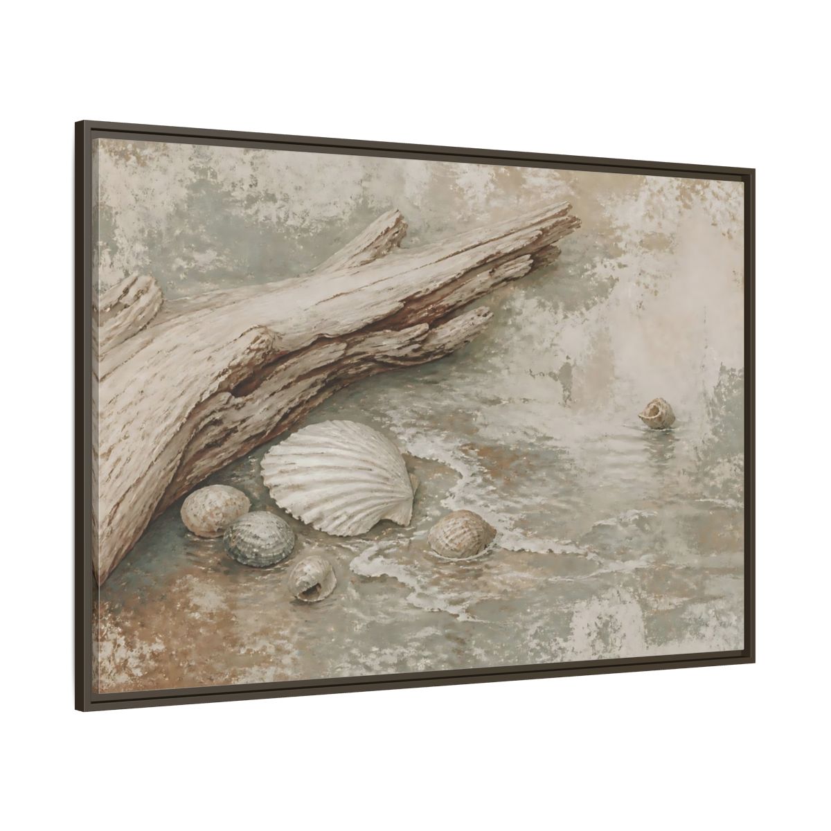Side Mockup 8. Driftwood And Seashells shown as framed canvas print