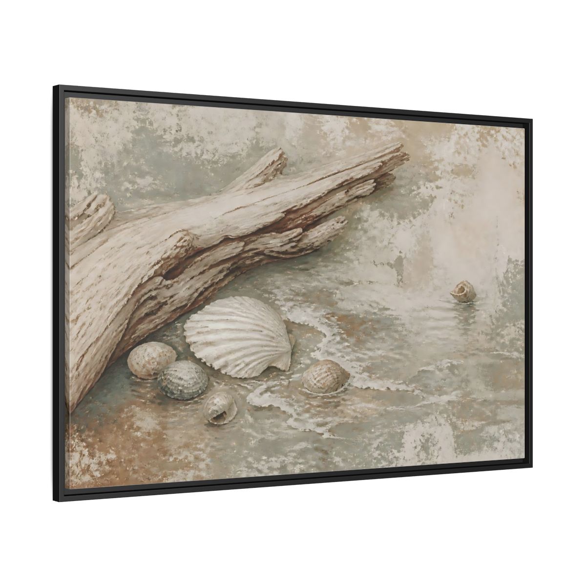 Side Mockup 12. Driftwood And Seashells shown as framed canvas print