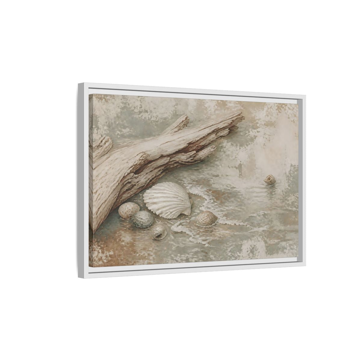 Side Mockup 1. Driftwood And Seashells shown as framed canvas print