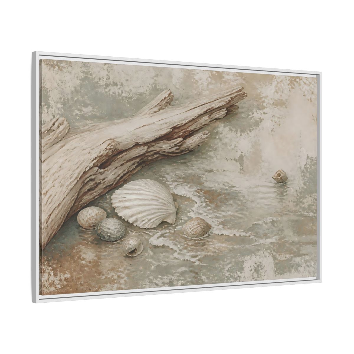 Side Mockup 7. Driftwood And Seashells shown as framed canvas print