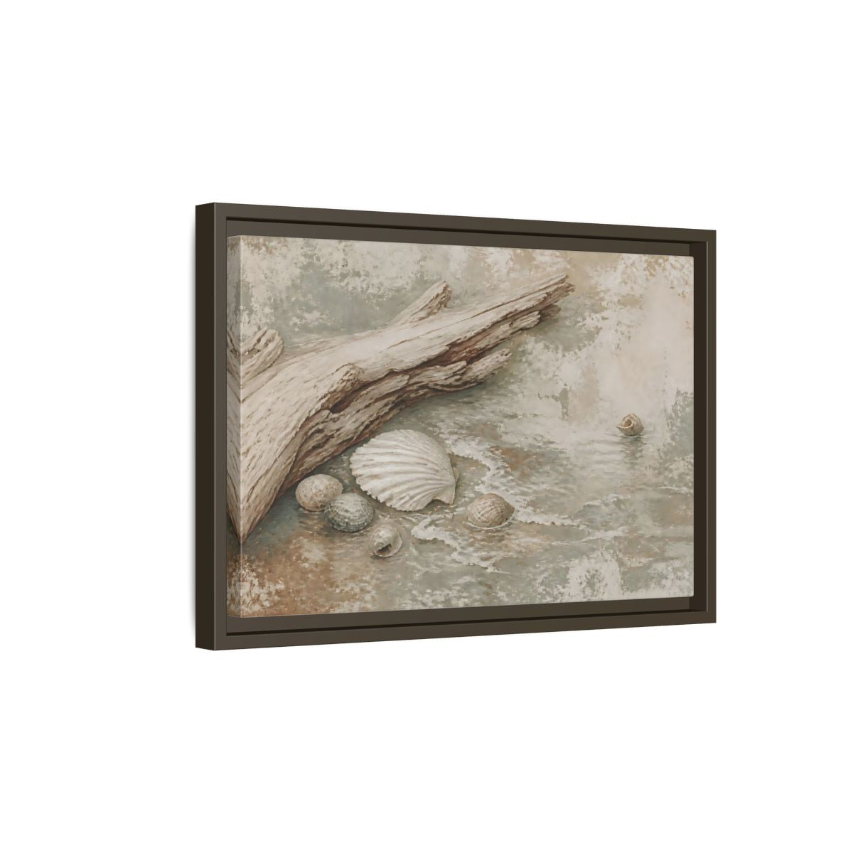 Side Mockup 5. Driftwood And Seashells shown as framed canvas print