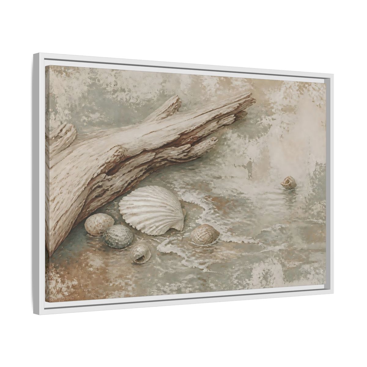 Side Mockup 10. Driftwood And Seashells shown as framed canvas print