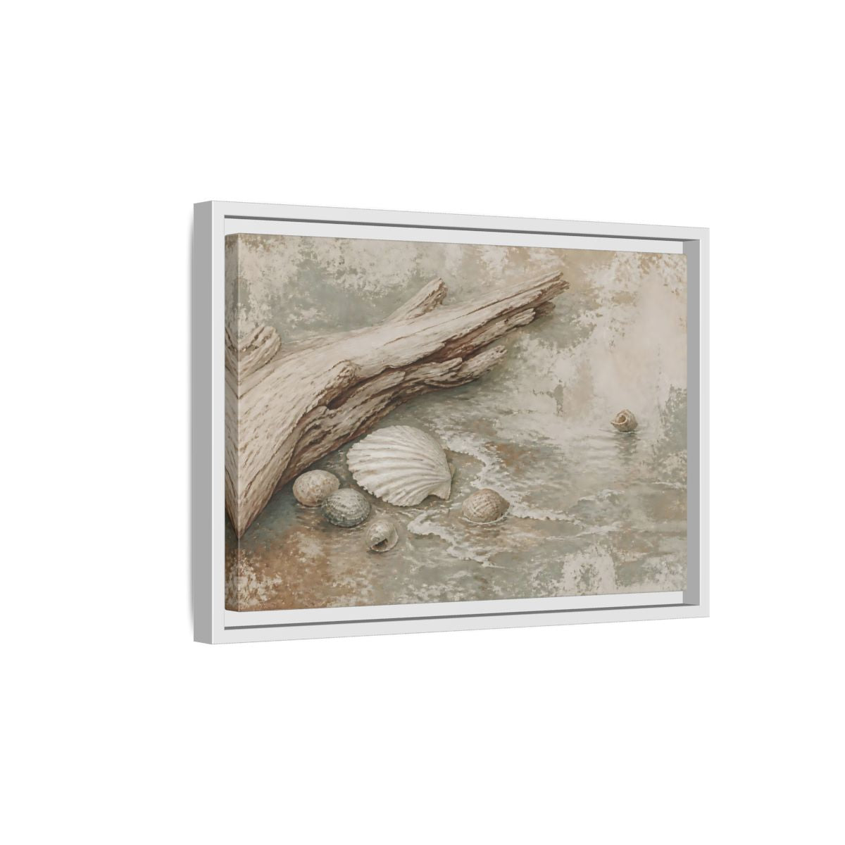 Side Mockup 4. Driftwood And Seashells shown as framed canvas print