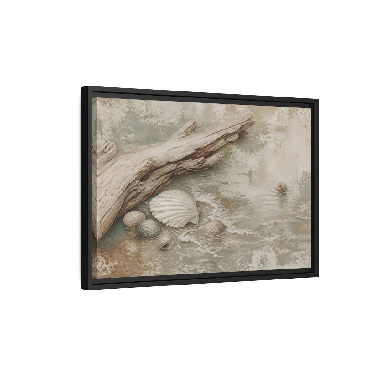 Side Mockup 3. Driftwood And Seashells shown as framed canvas print