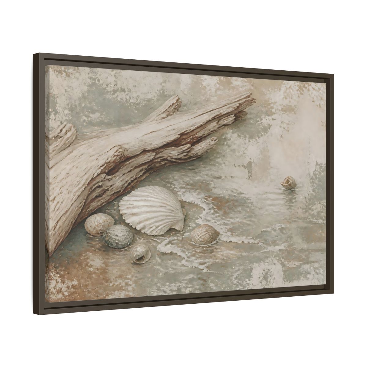 Side Mockup 11. Driftwood And Seashells shown as framed canvas print