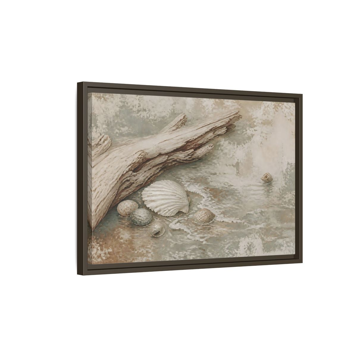 Side Mockup 2. Driftwood And Seashells shown as framed canvas print