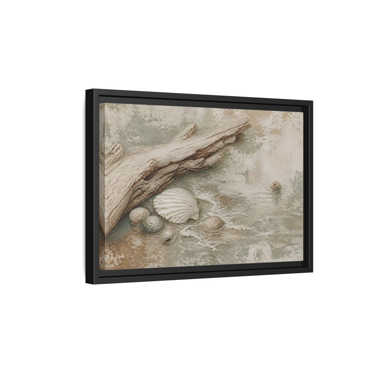 Side Mockup 6. Driftwood And Seashells shown as framed canvas print