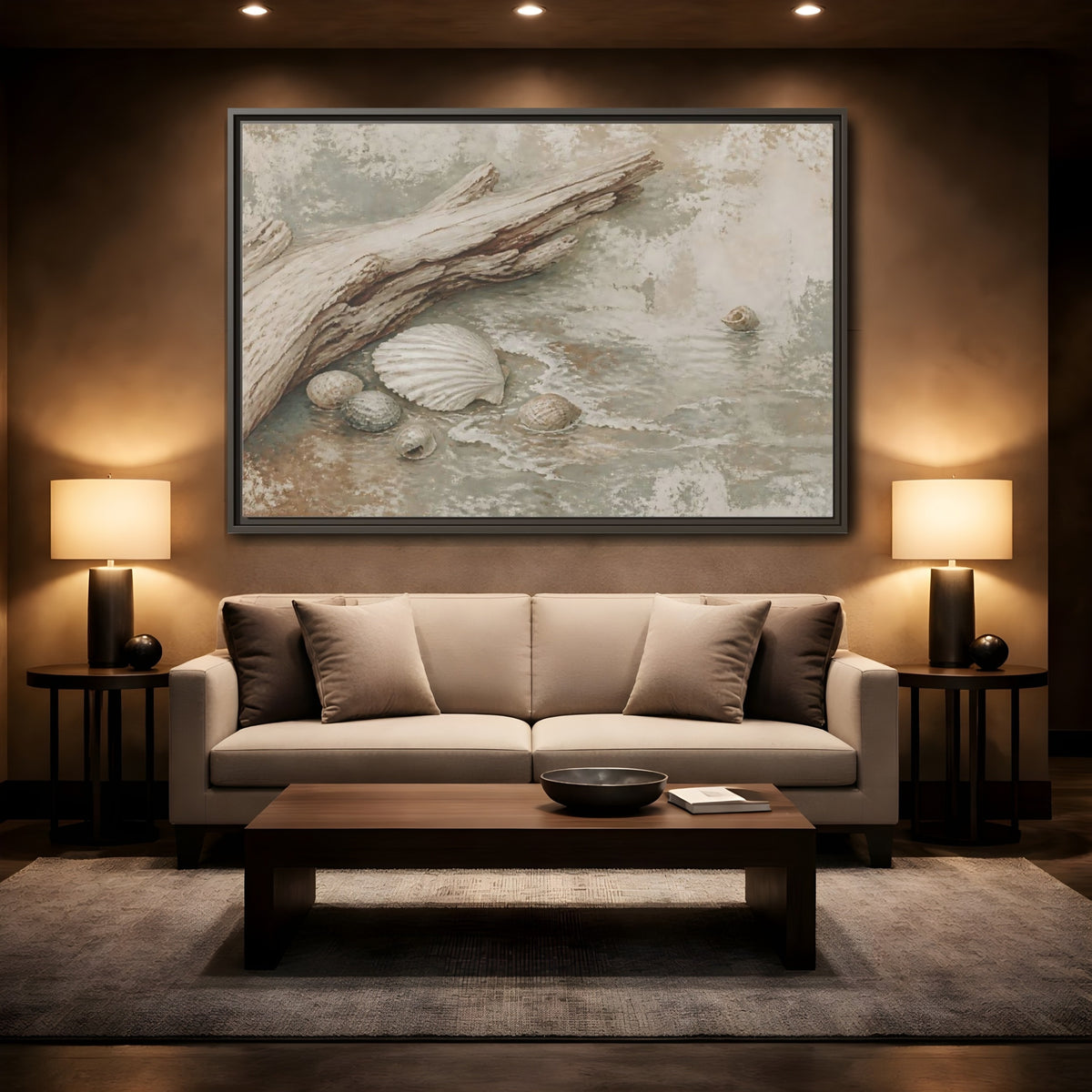 Mockup 2. Driftwood And Seashells shown as framed canvas print