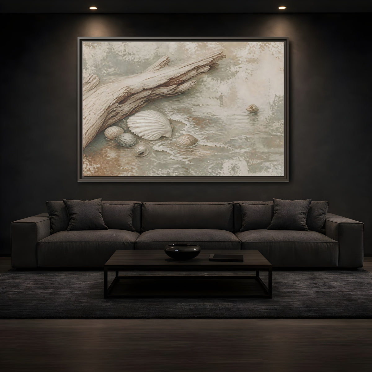 Mockup 3. Driftwood And Seashells shown as framed canvas print