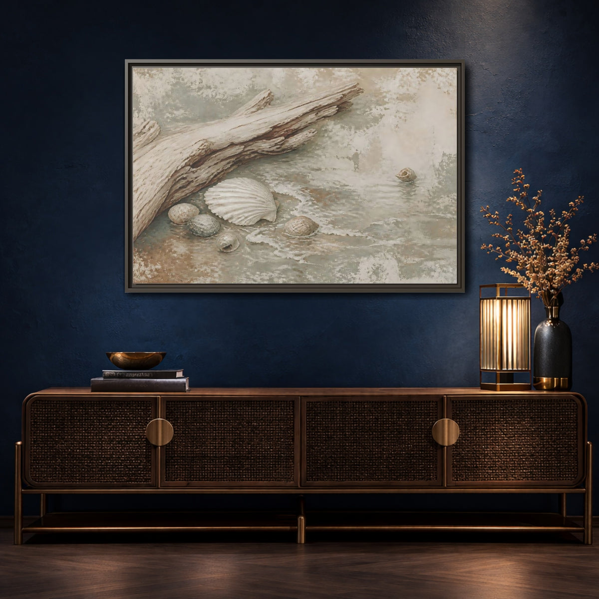 Mockup 4. Driftwood And Seashells shown as framed canvas print