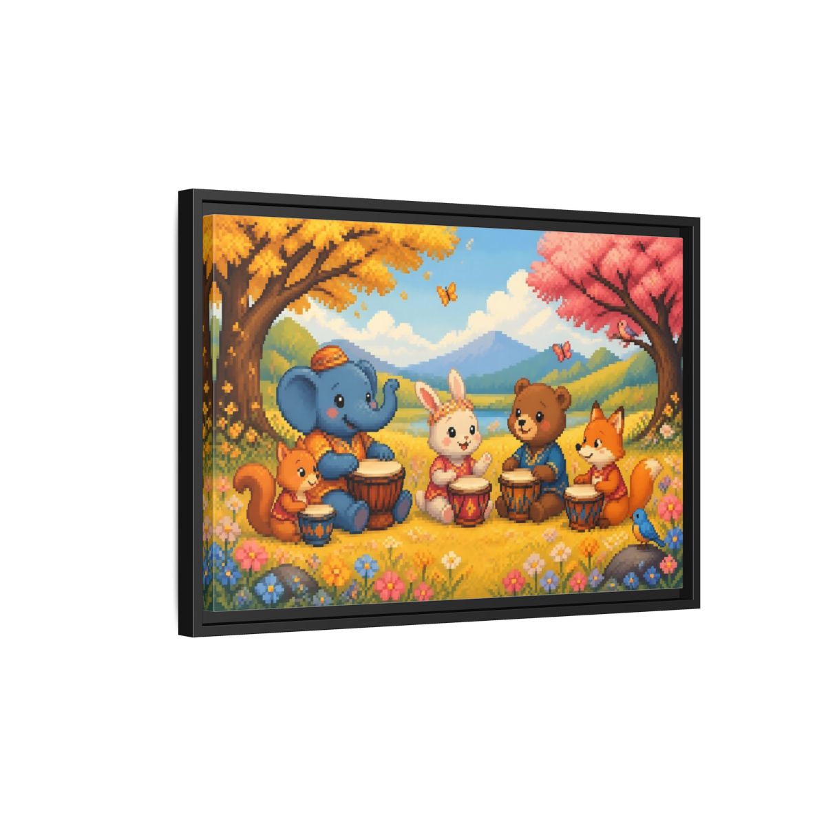 Side Mockup 3. Drumming Forest Animals shown as framed canvas print