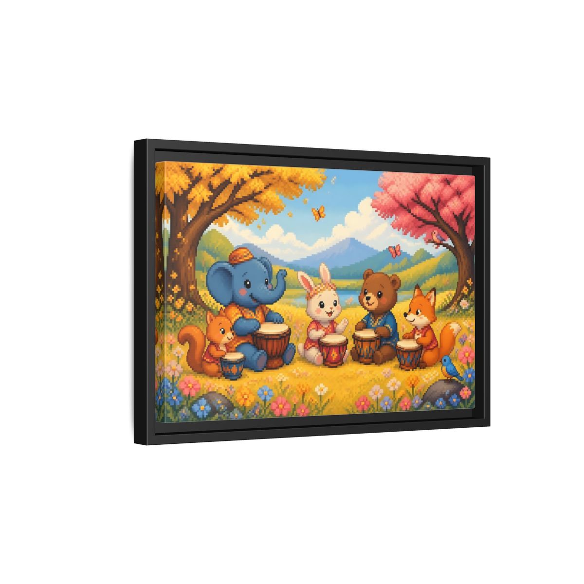 Side Mockup 6. Drumming Forest Animals shown as framed canvas print