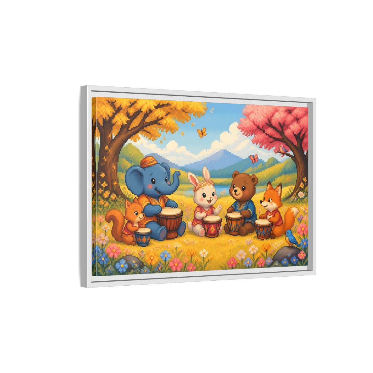 Side Mockup 1. Drumming Forest Animals shown as framed canvas print