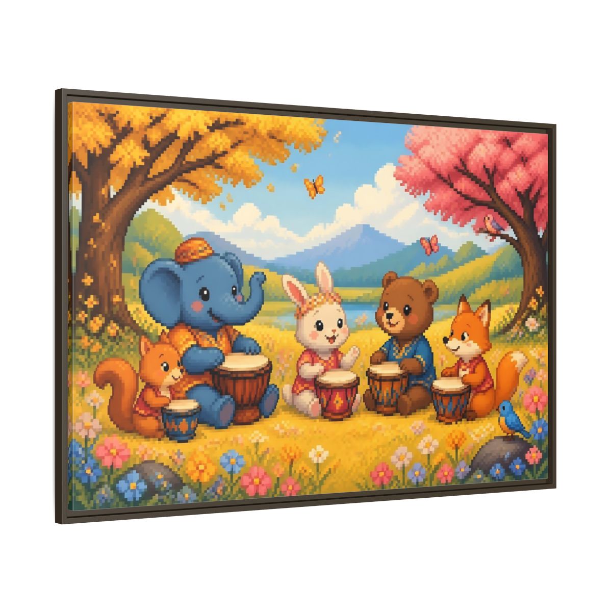 Side Mockup 8. Drumming Forest Animals shown as framed canvas print