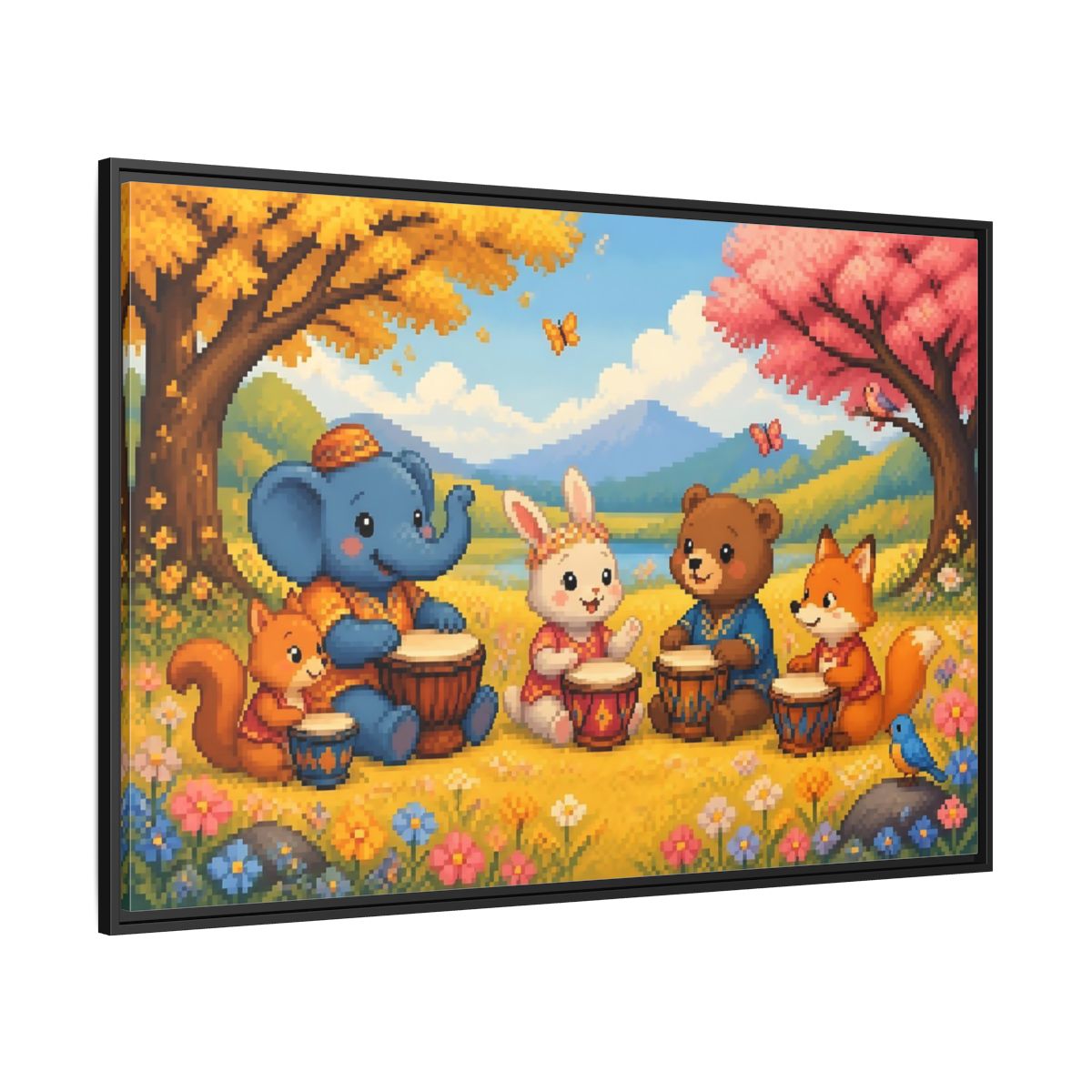 Side Mockup 12. Drumming Forest Animals shown as framed canvas print