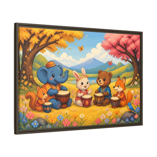 Main Mockup. Drumming Forest Animals shown as framed canvas print