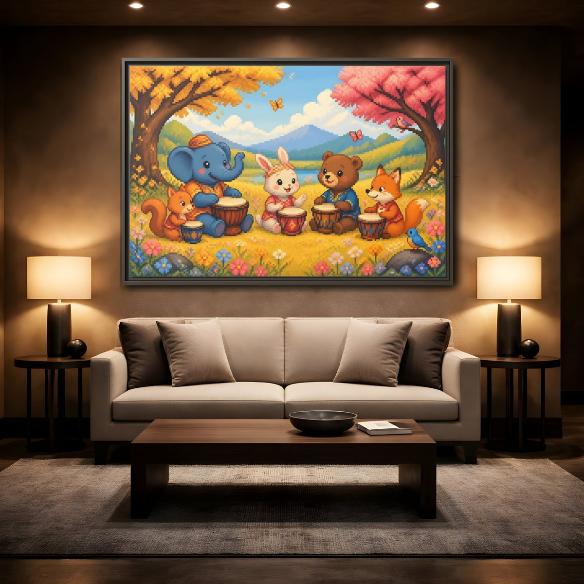 Mockup 2. Drumming Forest Animals shown as framed canvas print