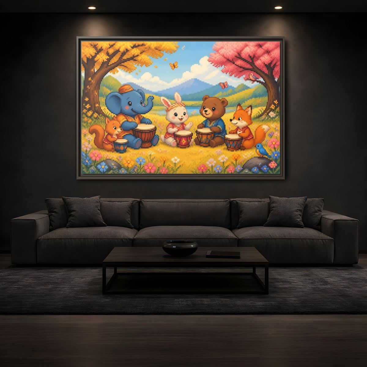 Mockup 3. Drumming Forest Animals shown as framed canvas print