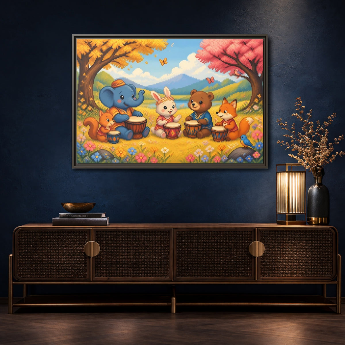 Mockup 4. Drumming Forest Animals shown as framed canvas print