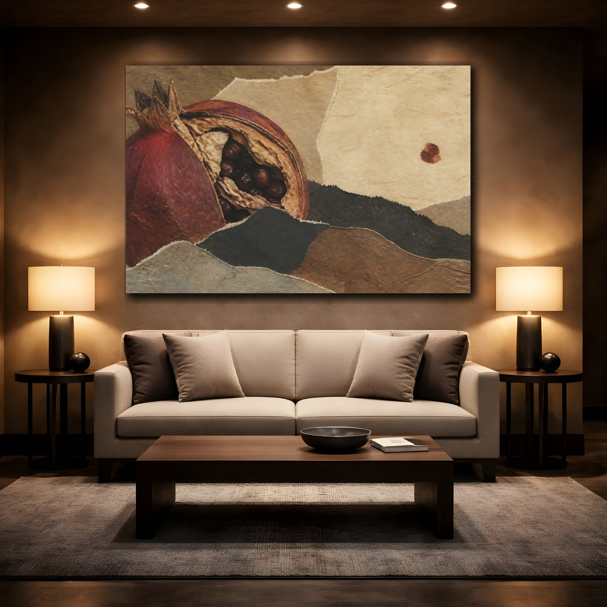 Mockup 2. Earthy Pomegranate Collage shown as canvas print