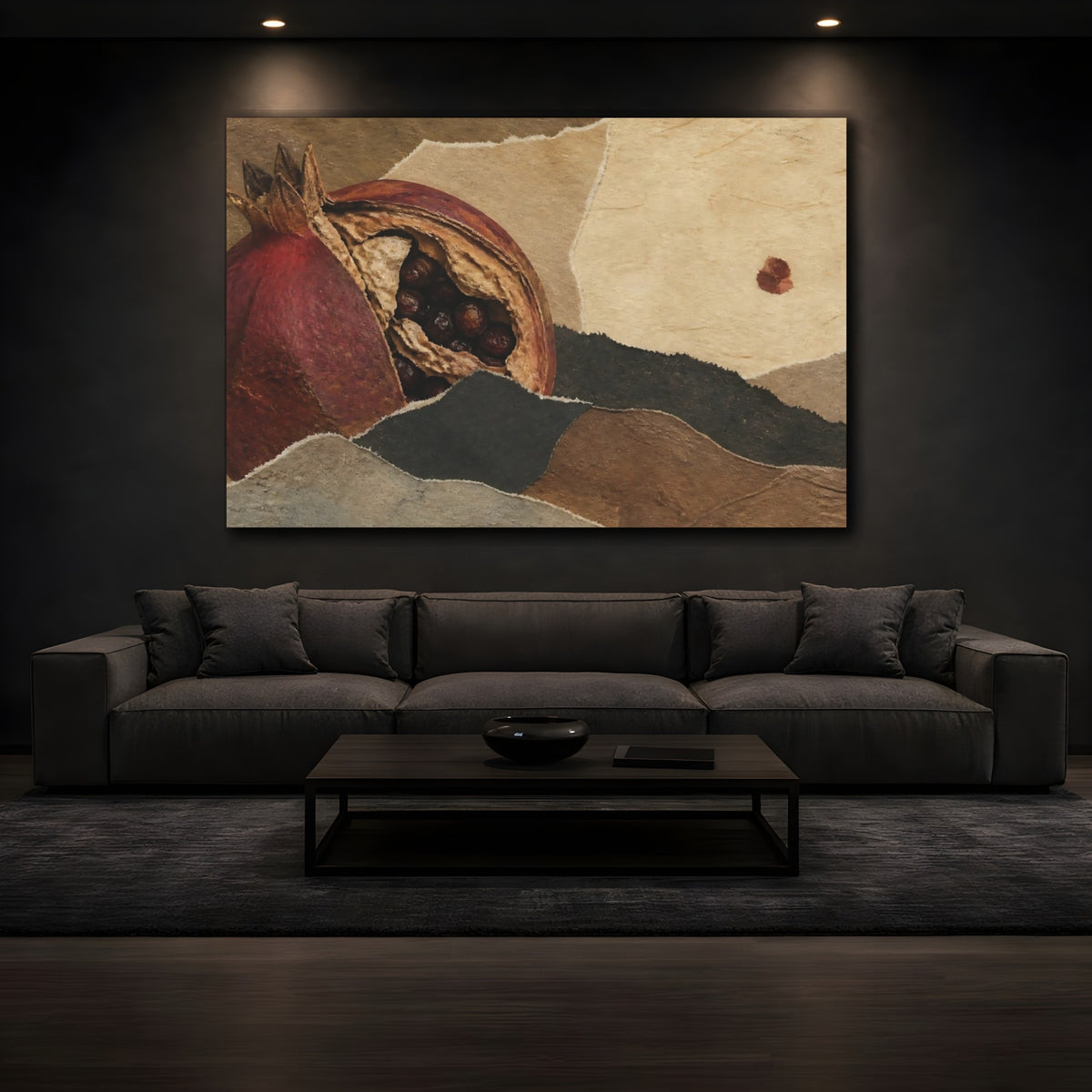 Mockup 3. Earthy Pomegranate Collage shown as canvas print